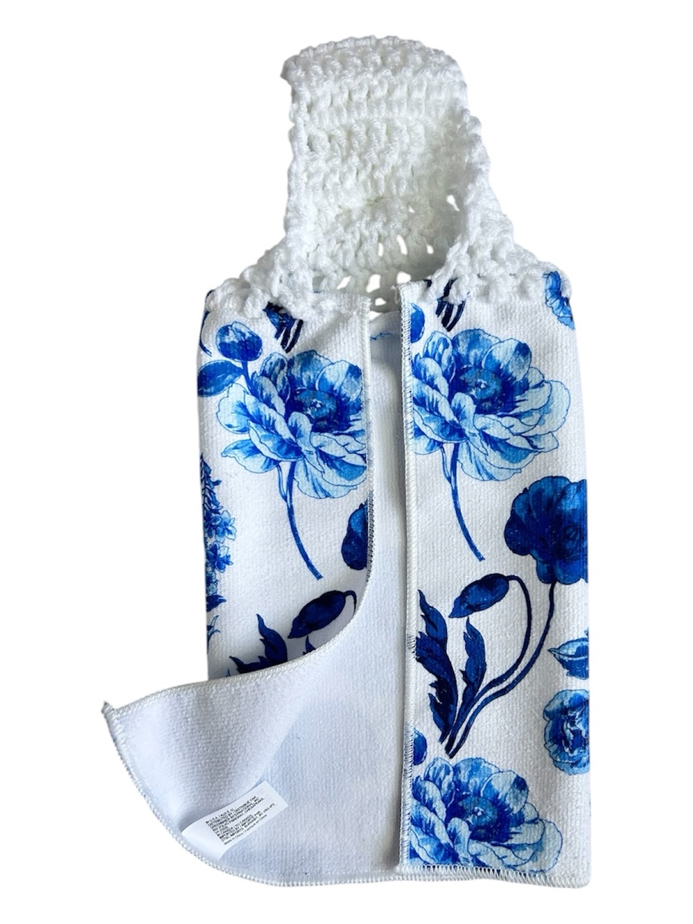Hand Crafted Blue and White Floral Hanging Kitchen Hand Towel Crochet Top - Picture 5 of 7